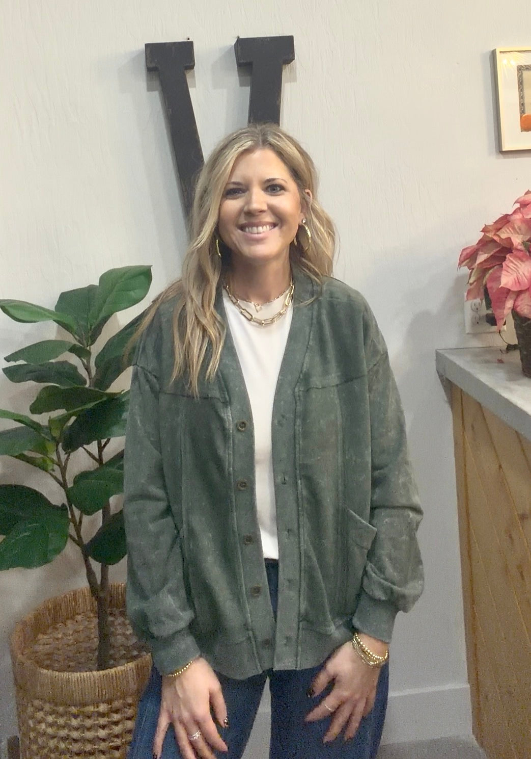 Olive Washed Button Cardigan