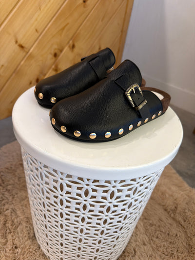 Black Studded Buckle Clog