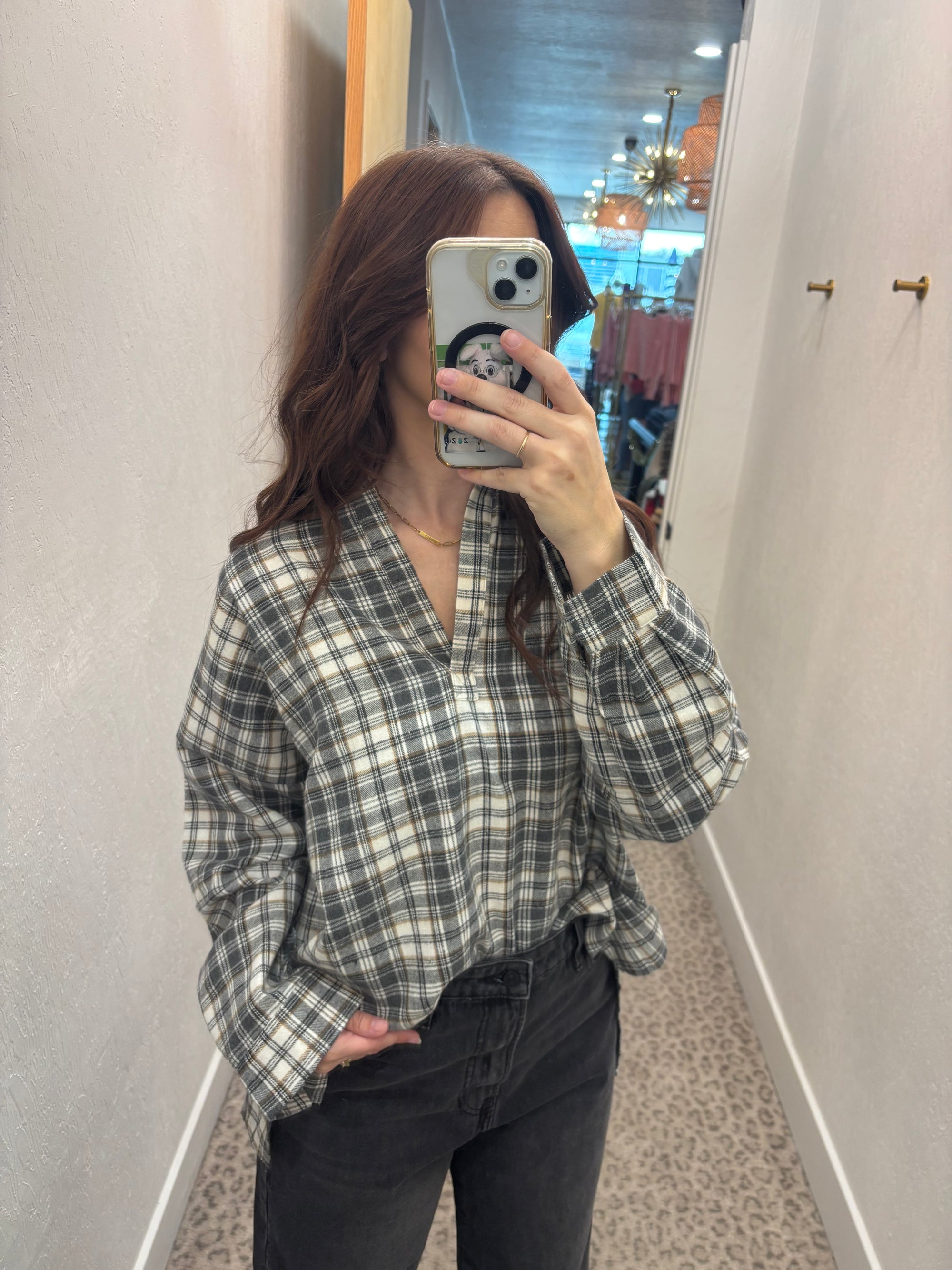 V-Neck Gray Plaid Long Sleeve