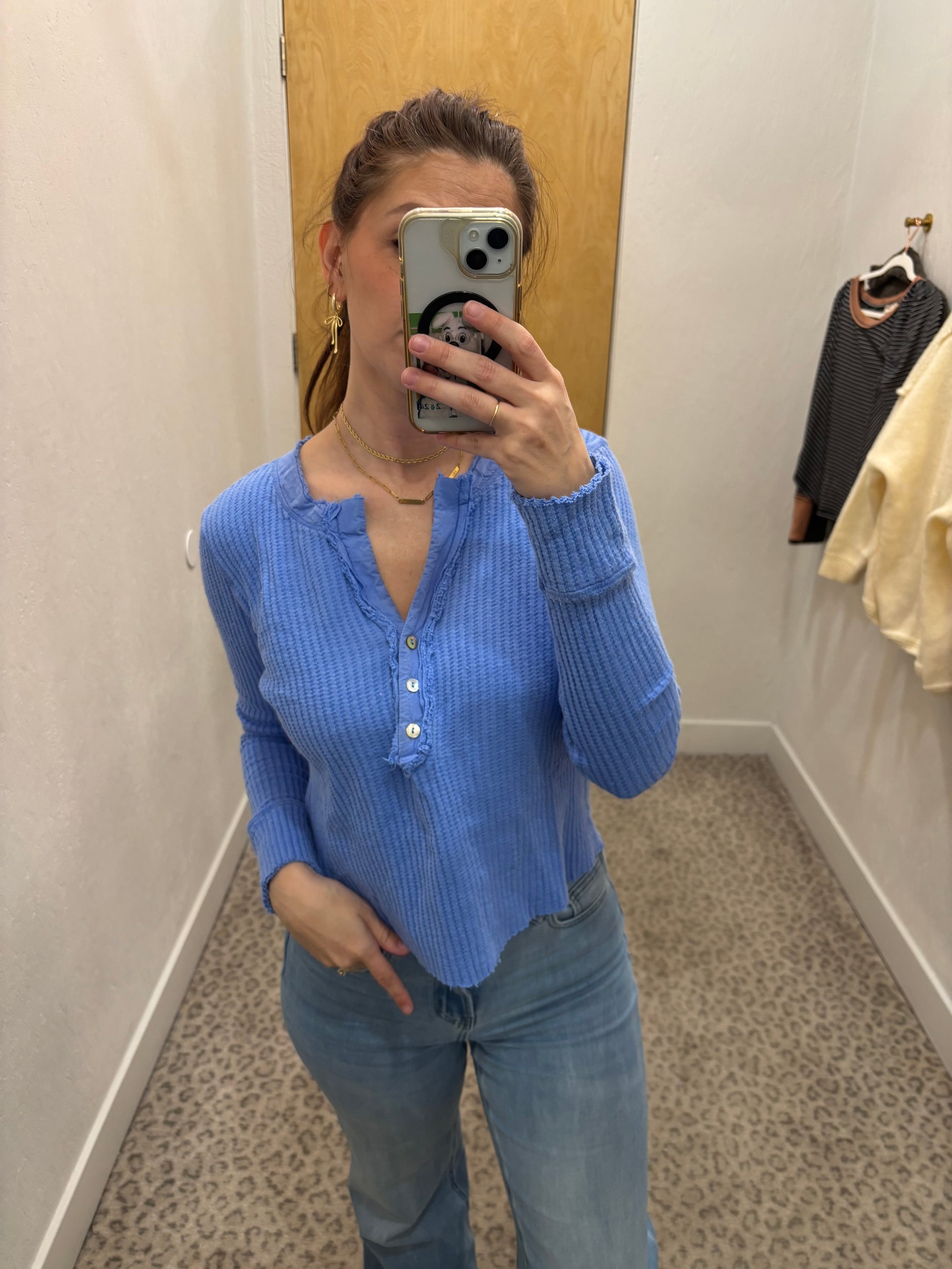 Blue Waffle Knit Casual Top