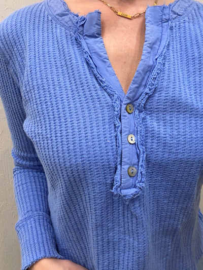 Blue Waffle Knit Casual Top