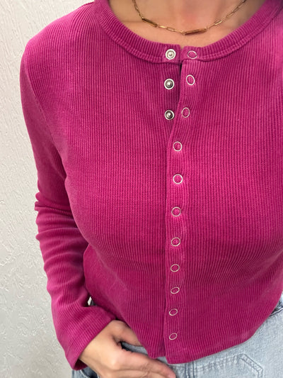 Raspberry Ribbed Button Long Sleeve