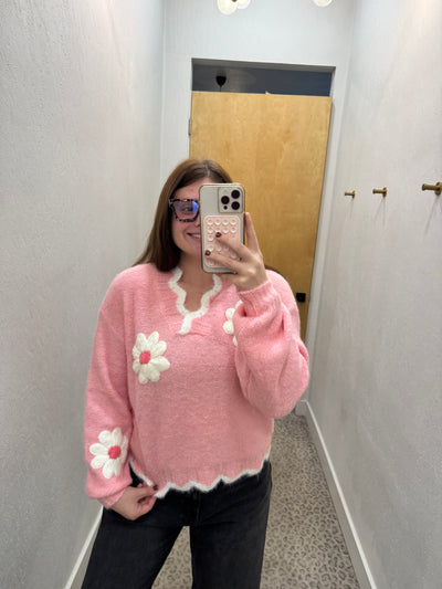 Pink Floral Patched Sweater