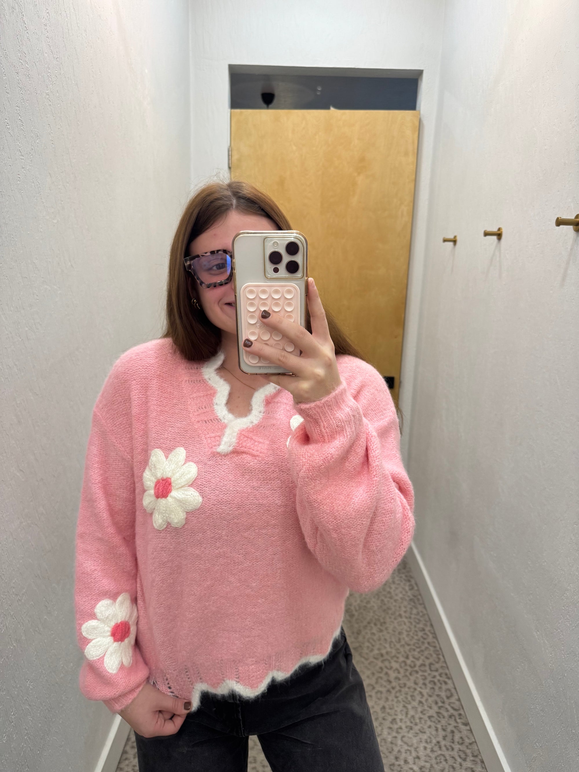 Pink Floral Patched Sweater