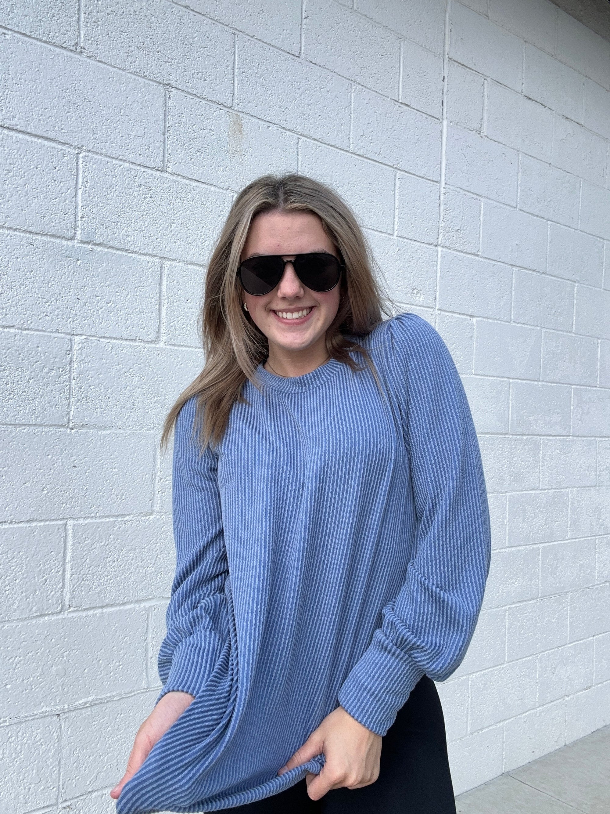 Blue Ribbed Washed Long Sleeve Top