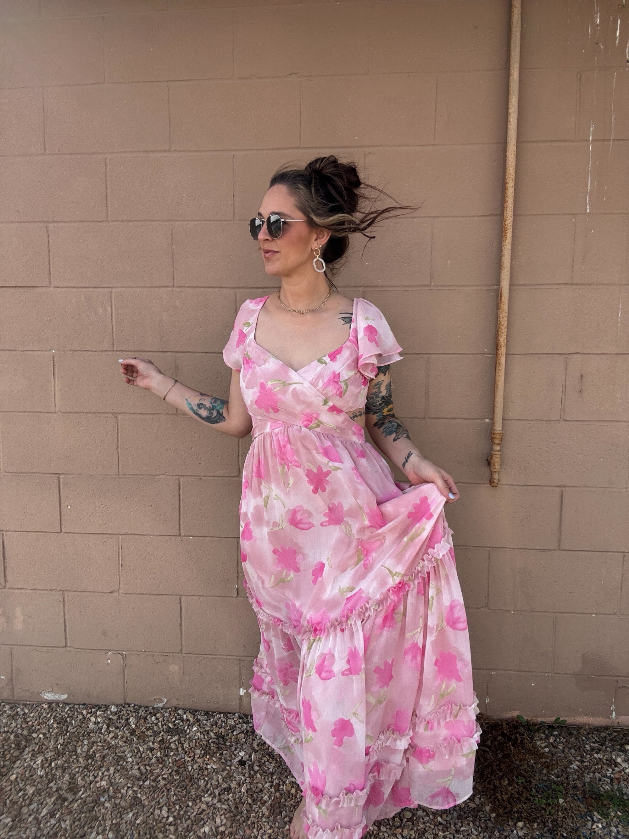 Pink Cutout Ruffle Sleeve Dress